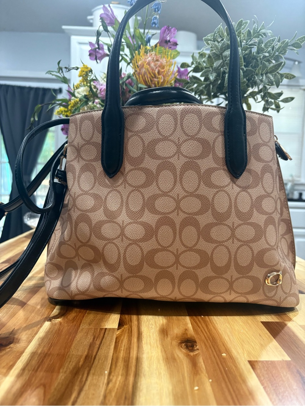 Women's Signature Pattern Satchel Handbag - Beige with Black Trim